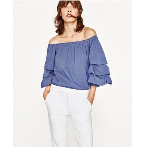 Zara Woman Blue Striped Puff Sleeves Off Shoulder Top - Picture 2 of 8